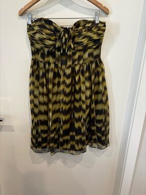 Calvin Klein Strapless Olive and Black Patterned Dress